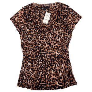 Womens Brown Animal Print v Neck Top Size S Short Sleeve